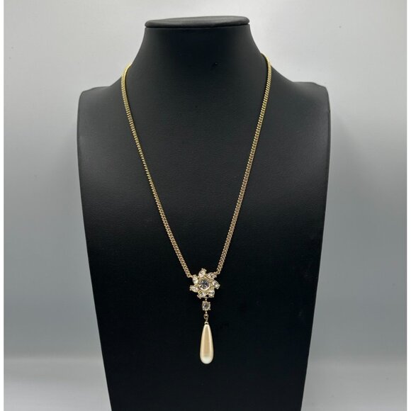Monet Necklace Gold Tone Crystal Flower Pendant Faux Pearl Teardrop Dangle 22 In - Picture 2 of 10